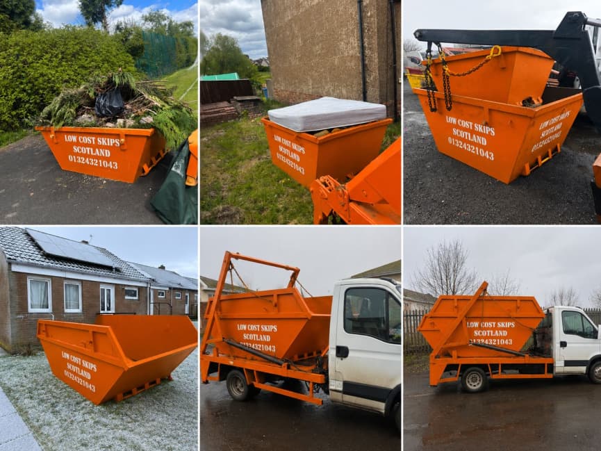 Low Cost Skips Scotland — fleet of orange skips and delivery trucks across Scotland
